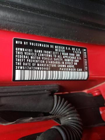 3VW517AT2HM804407 - 2017 VOLKSWAGEN BEETLE S/S 红色 照片 10