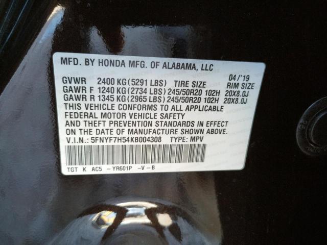 5FNYF7H54KB004308 - 2019 HONDA PASSPORT E 黑色 照片 10