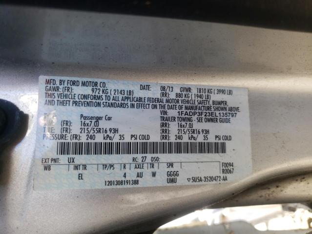 1FADP3F23EL135797 - 2014 FORD FOCUS SE SILVER photo 10