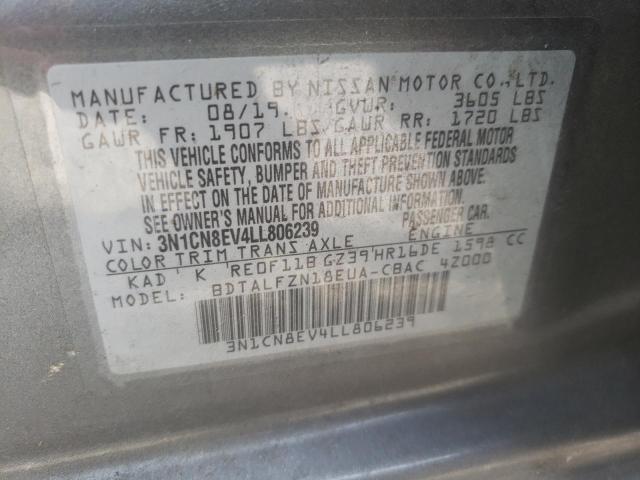 3N1CN8EV4LL806239 - 2020 NISSAN VERSA SV GRAY photo 10