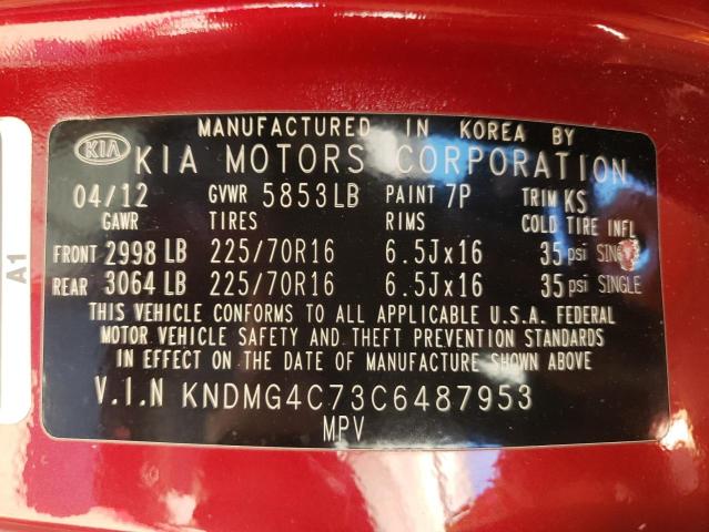 KNDMG4C73C6487953 - 2012 KIA SEDONA LX RED photo 10