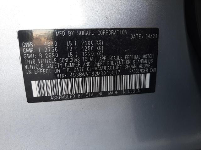 4S3BWAF62M3019517 - 2021 SUBARU LEGACY PRE SILVER photo 10