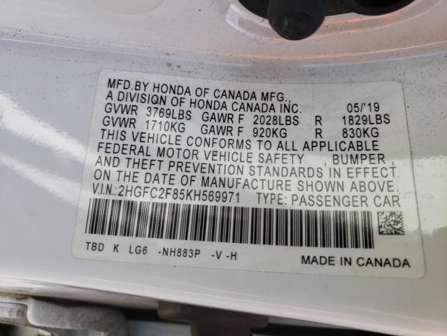 2HGFC2F85KH569971 - 2019 HONDA CIVIC SPOR 白色 照片 10
