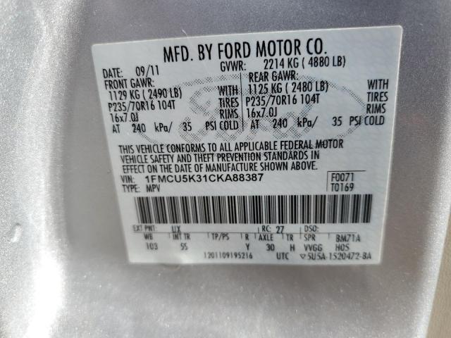 1FMCU5K31CKA88387 - 2012 FORD ESCAPE HYB SILVER photo 10