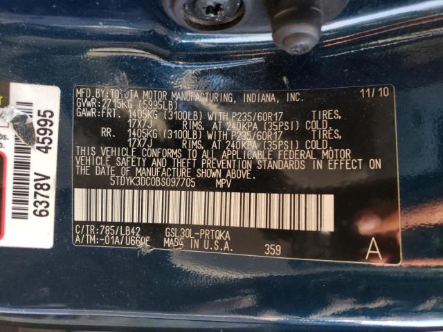 5TDYK3DC0BS097705 - 2011 TOYOTA SIENNA XLE BLUE photo 10