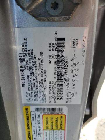 3FA6P0CD6KR253787 - 2019 FORD FUSION SEL SILVER photo 10