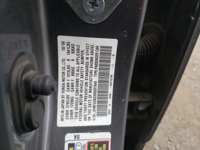 JHMFA36239S007848 - 2009 HONDA CIVIC HYBR GRAY photo 10