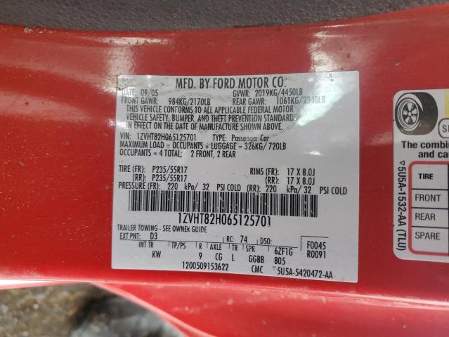 1ZVHT82H065125701 - 2006 FORD MUSTANG GT RED photo 10