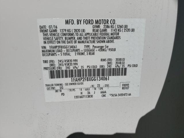 1FAHP2F8XGG134061 - 2016 FORD TAURUS LIM WHITE photo 10