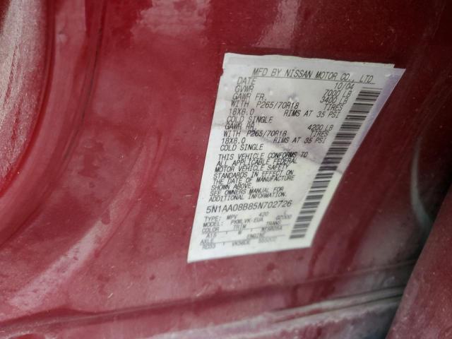 5N1AA08B85N702726 - 2005 NISSAN ARMADA SE RED photo 10