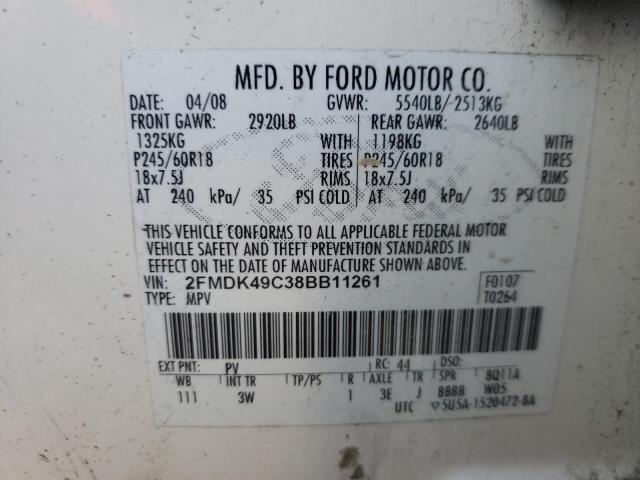 2FMDK49C38BB11261 - 2008 FORD EDGE LIMIT WHITE photo 10