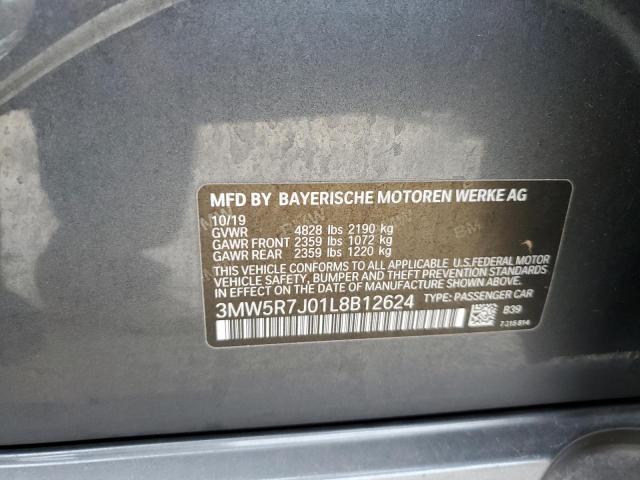 3MW5R7J01L8B12624 - 2020 BMW 330XI GRAY photo 10