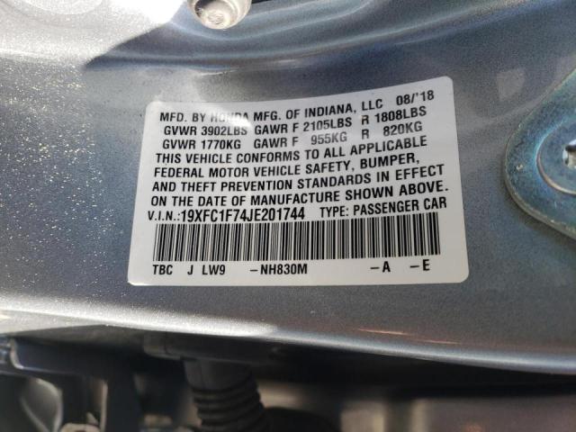19XFC1F74JE201744 - 2018 HONDA CIVIC EXL Gümüş foto 10