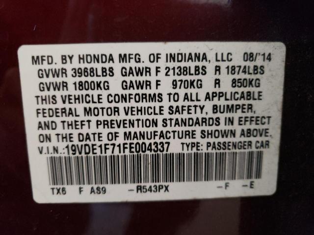 19VDE1F71FE004337 - 2015 ACURA ILX 20 TEC MAROON photo 10