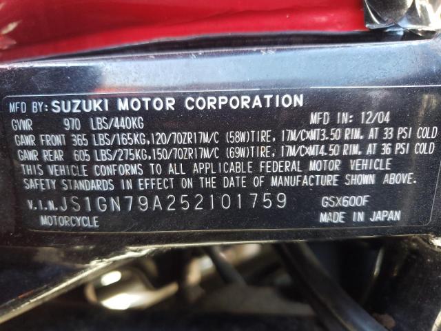 JS1GN79A252101759 - 2005 SUZUKI GSX600 F RED photo 10