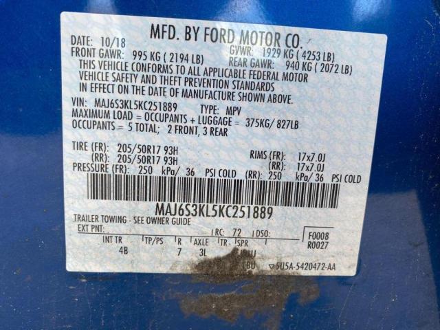 MAJ6S3KL5KC251889 - 2019 FORD ECOSPORT T BLUE photo 10