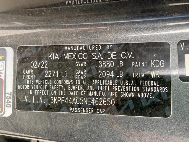 3KPF44AC5NE462650 - 2022 KIA FORTE GT GRAY photo 10