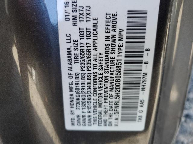 5FNRL5H20GB058851 - 2016 HONDA ODYSSEY LX GRAY photo 10