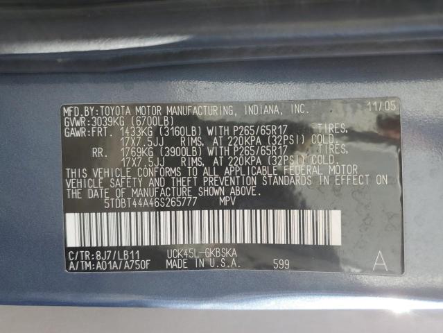 5TDBT44A46S265777 - 2006 TOYOTA SEQUOIA BLUE photo 14