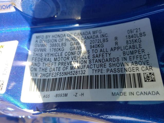 2HGFE2F55NH528132 - 2022 HONDA CIVIC SPOR 蓝色 照片 10