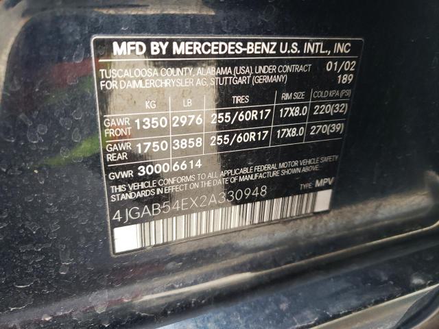 4JGAB54EX2A330948 - 2002 MERCEDES-BENZ ML 320 BLUE photo 10