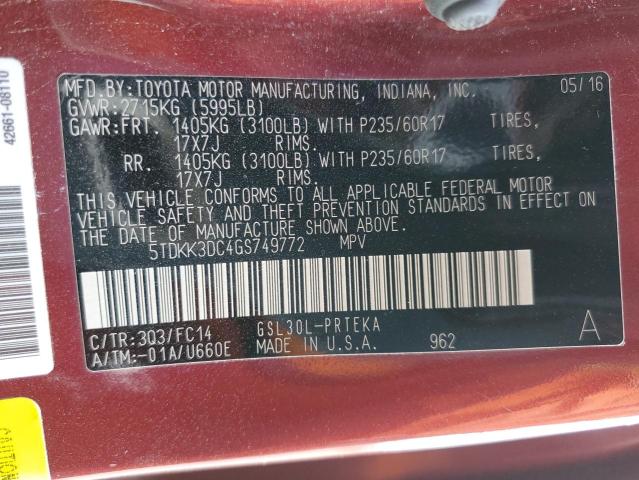 5TDKK3DC4GS749772 - 2016 TOYOTA SIENNA LE MAROON photo 10