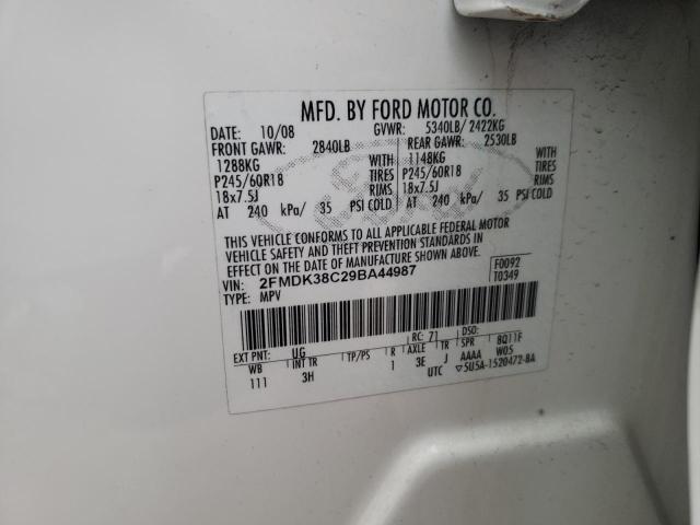 2FMDK38C29BA44987 - 2009 FORD EDGE SEL WHITE photo 10