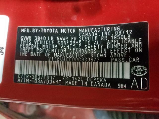 2T1BU4EE0DC930677 - 2013 TOYOTA MATRIX-4 C RED photo 10