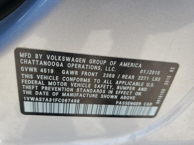 1VWAS7A31FC067498 - 2015 VOLKSWAGEN PASSAT S SILVER photo 10