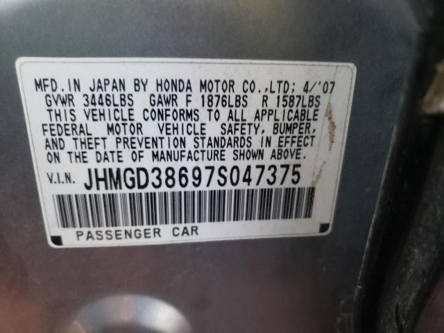 JHMGD38697S047375 - 2007 HONDA FIT S SILVER photo 10