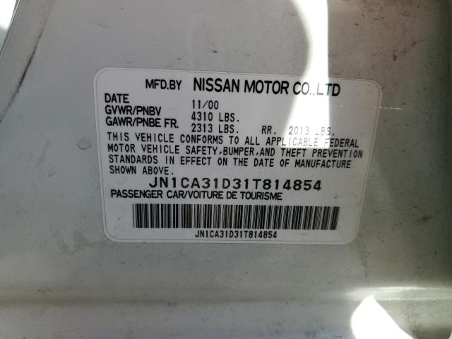 JN1CA31D31T814854 - 2001 NISSAN MAXIMA GXE WHITE photo 10