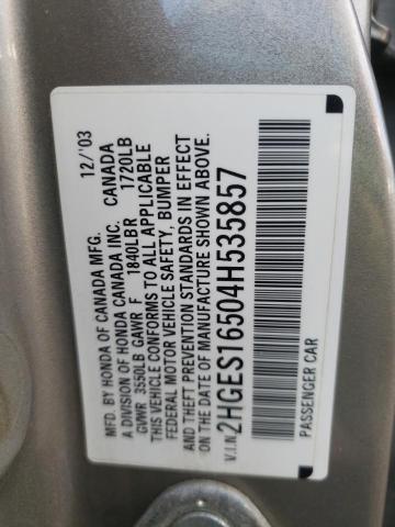 2HGES16504H535857 - 2004 HONDA CIVIC WHITE photo 12