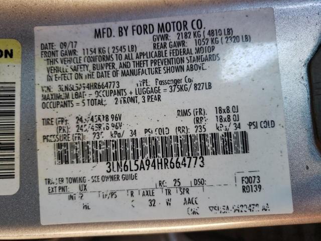 3LN6L5A94HR664773 - 2017 LINCOLN MKZ PREMIE SILVER photo 10