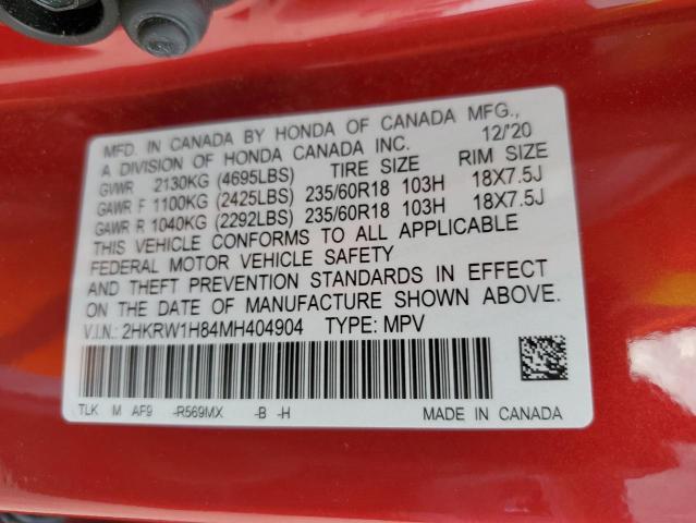 2HKRW1H84MH404904 - 2021 HONDA CR-V EXL RED photo 10