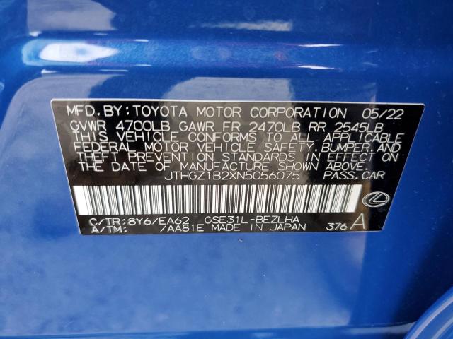 JTHGZ1B2XN5056075 - 2022 LEXUS IS 350 F-S BLUE photo 10