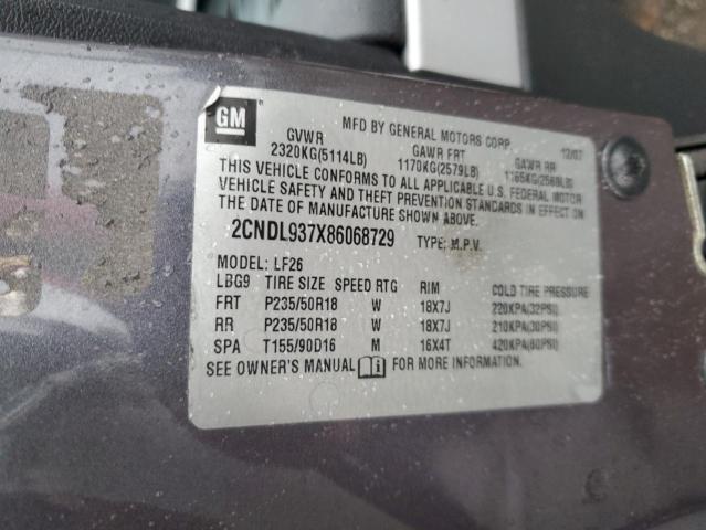 2CNDL937X86068729 - 2008 CHEVROLET EQUINOX SP GRAY photo 10