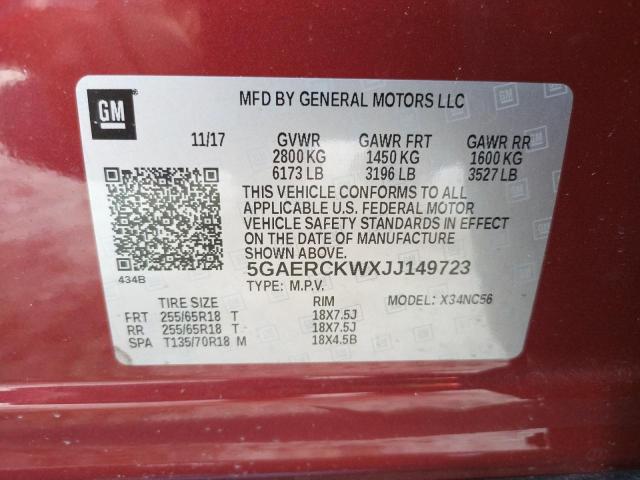 5GAERCKWXJJ149723 - 2018 BUICK ENCLAVE PR RED photo 10