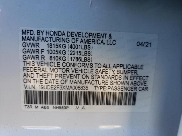 19UDE2F3XMA008835 - 2021 ACURA ILX WHITE photo 10