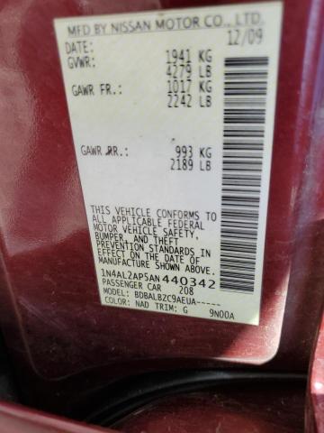 1N4AL2AP5AN440342 - 2010 NISSAN ALTIMA BAS BURGUNDY photo 10