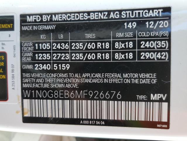 W1N0G8EB6MF926676 - 2021 MERCEDES-BENZ GLC 300 4M WHITE photo 10