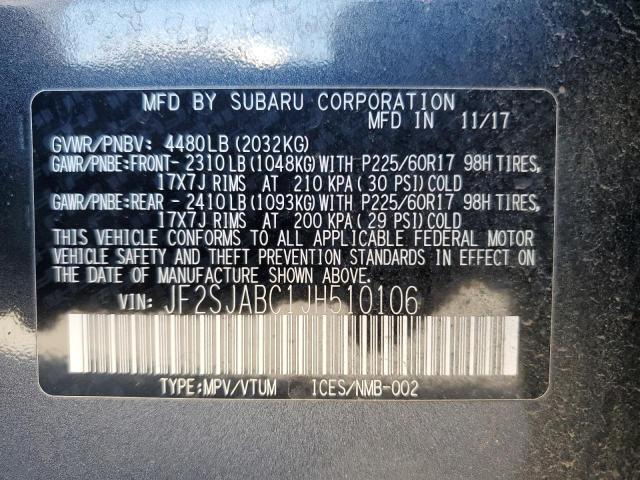 JF2SJABC1JH510106 - 2018 SUBARU FORESTER 2 GRAY photo 10