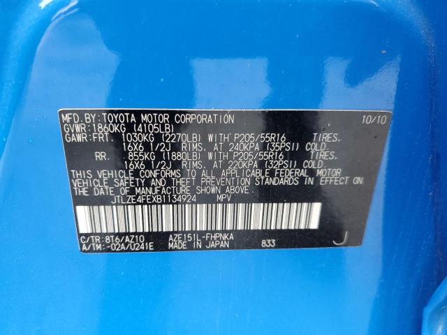 JTLZE4FEXB1134924 - 2011 TOYOTA SCION XB BLUE photo 10