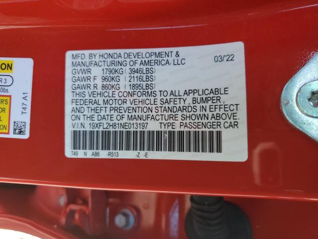 19XFL2H81NE013197 - 2022 HONDA CIVIC SPOR 红色 照片 10