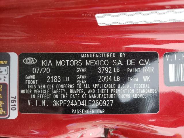 3KPF24AD4LE260927 - 2020 KIA FORTE FE RED photo 10