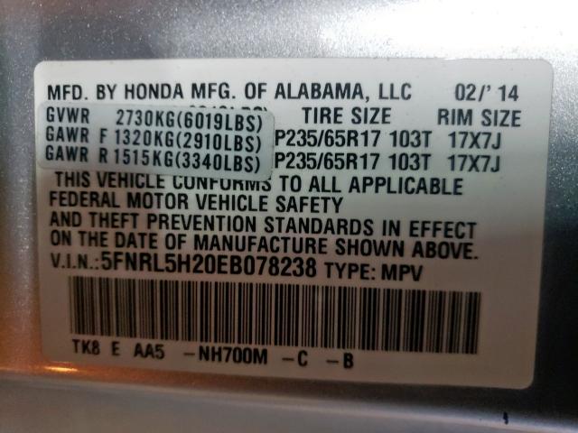 5FNRL5H20EB078238 - 2014 HONDA ODYSSEY LX SILVER photo 10