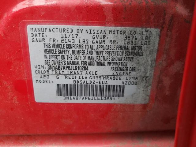 3N1AB7AP6JL610284 - 2018 NISSAN SENTRA SV RED photo 12