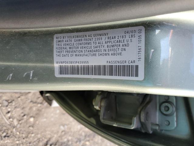 WVWPD63B93P439955 - 2003 VOLKSWAGEN PASSAT GLS GREEN photo 10