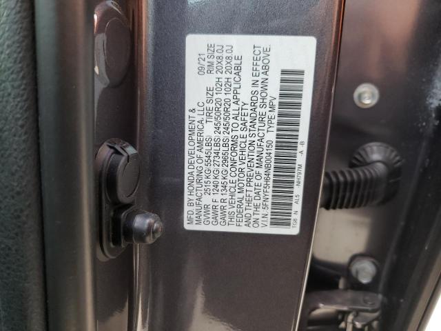 5FNYF5H64NB004150 - 2022 HONDA PILOT TOUR GRAY photo 10