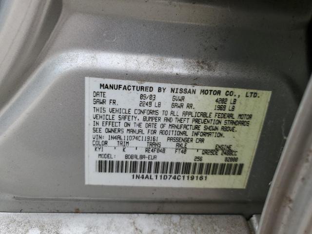 1N4AL11D74C119161 - 2004 NISSAN ALTIMA BAS SILVER photo 10