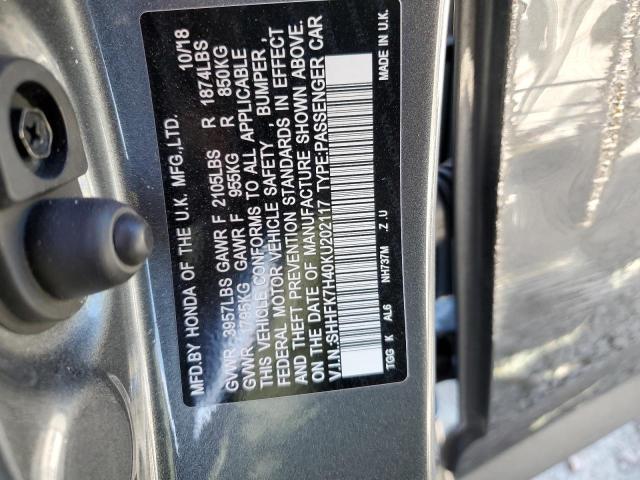 SHHFK7H40KU202117 - 2019 HONDA CIVIC SPOR GRAY photo 10